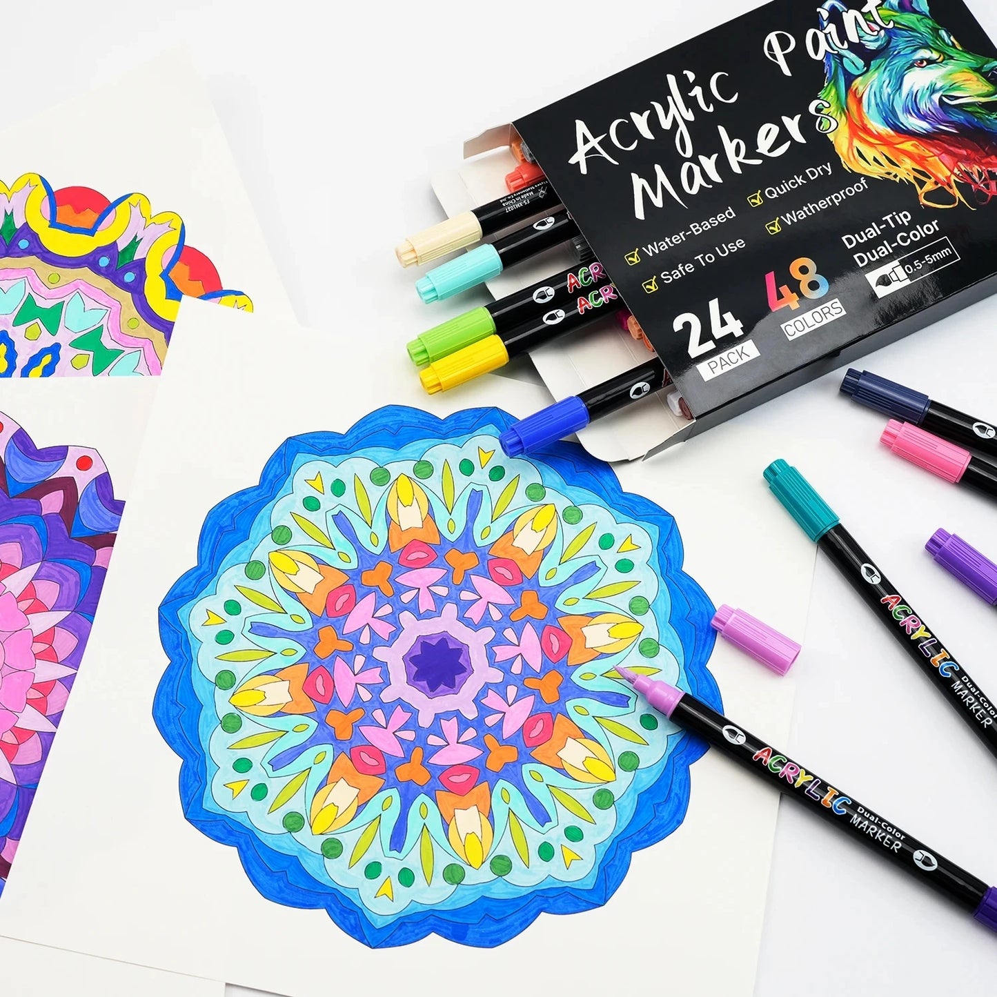 Omzieh Dual-Tip Acrylic Paint Markers – 24, 48, 72 or 144 Vibrant Colors for Mixed Media Artists | Soft Brush, Dual-Color Design for Canvas, Wood, Glass & Beyond