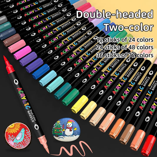 Omzieh Dual-Tip Acrylic Markers — 12-24 Vibrant Colors | Soft Brush & Fine Tip | Made for Arts, Crafts & Creative Flow