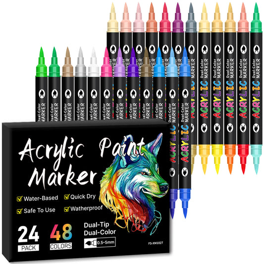 Omzieh Dual-Tip Acrylic Paint Markers – Set of 24 with 48 Vibrant Colors for Mixed Media Artists | Soft Brush, Dual-Color Design for Canvas, Wood, Glass & Beyond