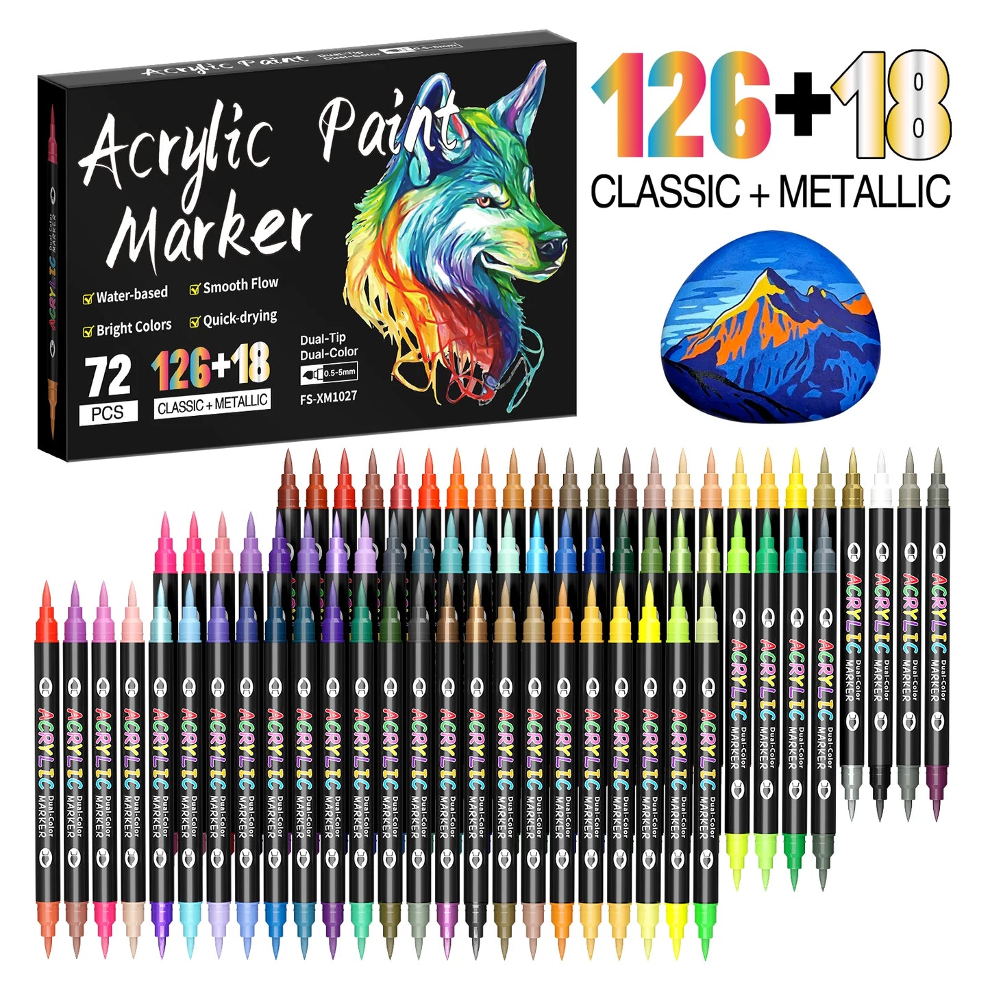 Omzieh Dual-Tip Acrylic Paint Markers – 24, 48, 72 or 144 Vibrant Colors for Mixed Media Artists | Soft Brush, Dual-Color Design for Canvas, Wood, Glass & Beyond