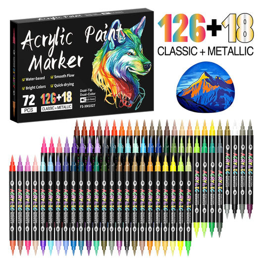 Omzieh Dual-Tip Acrylic Paint Markers – Set of 72 with 144 Vibrant Colors for Mixed Media Artists | Soft Brush, Dual-Color Design for Canvas, Wood, Glass & Beyond