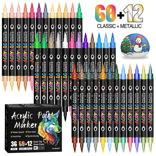 Omzieh Dual-Tip Acrylic Paint Markers – 24, 48, or 72 Vibrant Colors for Mixed Media Artists | Soft Brush, Dual-Color Design for Canvas, Wood, Glass & Beyond