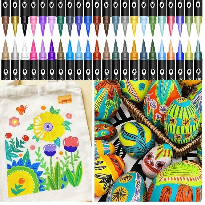 Collage of various craft items including decorated bottles, a Christmas-themed painting, and colorful markers.