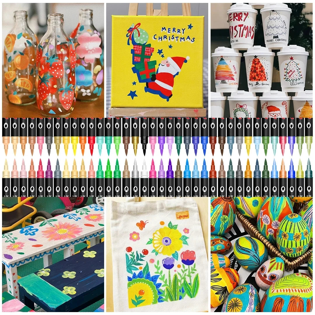 Omzieh Dual-Tip Acrylic Paint Markers – 24, 48, 72 or 144 Vibrant Colors for Mixed Media Artists | Soft Brush, Dual-Color Design for Canvas, Wood, Glass & Beyond