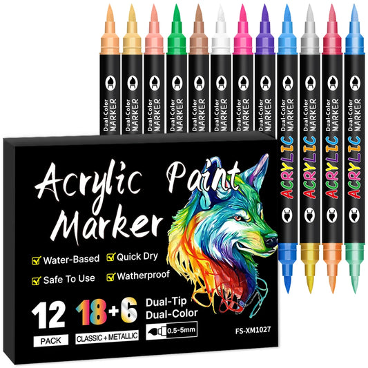 Omzieh Dual-Tip Acrylic Paint Markers – Set of 12 with 24 Vibrant Colors for Mixed Media Artists | Soft Brush, Dual-Color Design for Canvas, Wood, Glass & Beyond