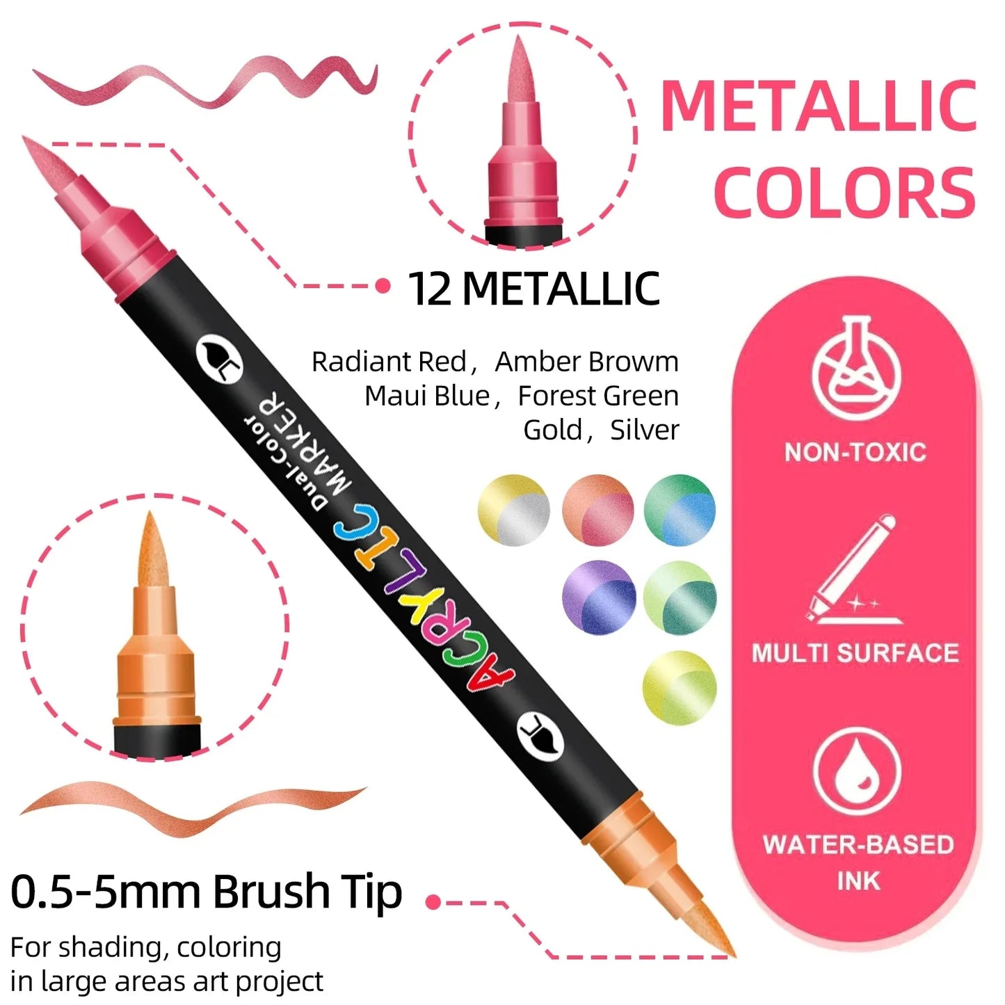 Marker pen with metallic colors and brush tip, featuring non-toxic and water-based ink properties.
